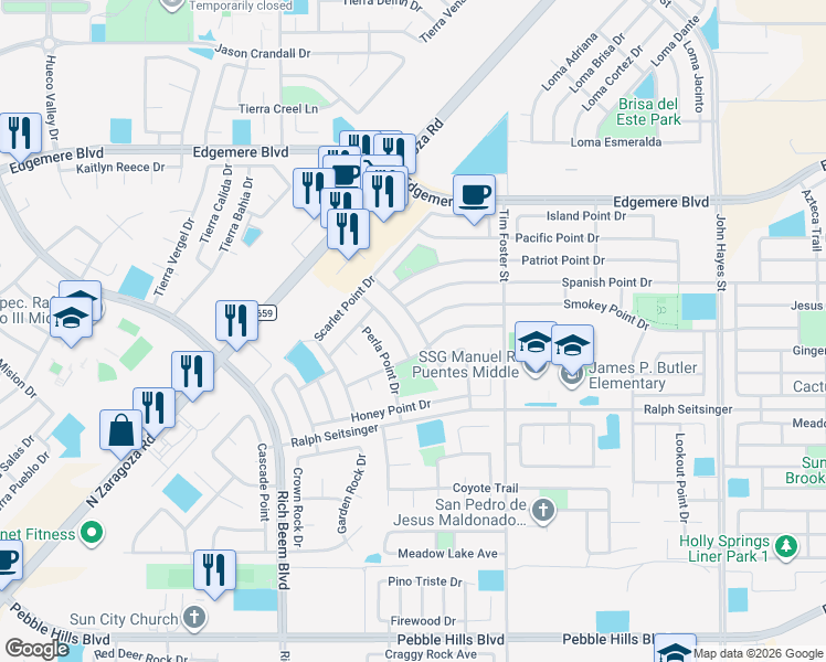 map of restaurants, bars, coffee shops, grocery stores, and more near 3277 Emerald Point Drive in El Paso