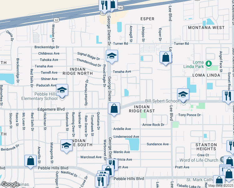 map of restaurants, bars, coffee shops, grocery stores, and more near 3444 Rising Sun Street in El Paso