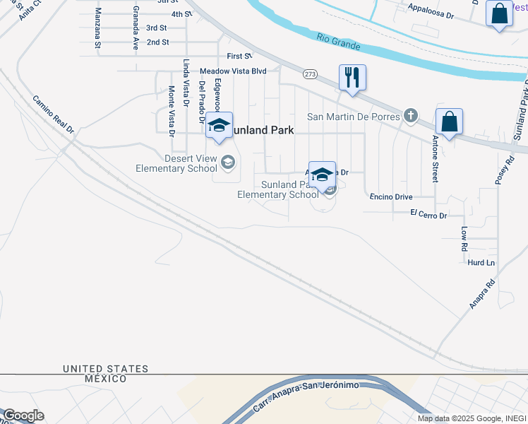 map of restaurants, bars, coffee shops, grocery stores, and more near 112 Loma Linda Court in Sunland Park