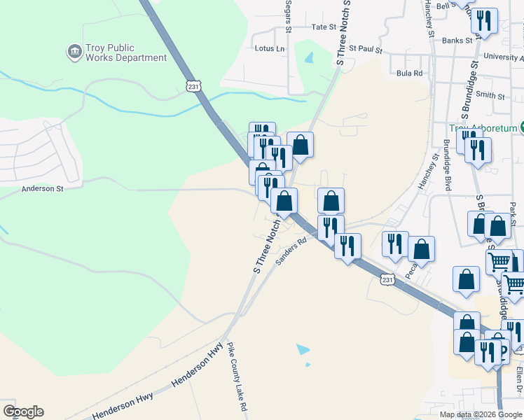 map of restaurants, bars, coffee shops, grocery stores, and more near 100-110 Anderson Street in Troy