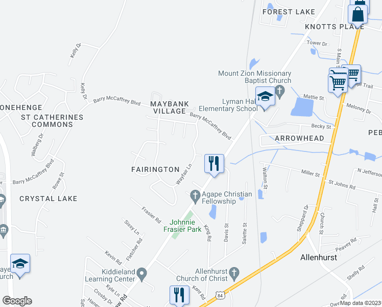 map of restaurants, bars, coffee shops, grocery stores, and more near 176 Wayfair Lane in Hinesville