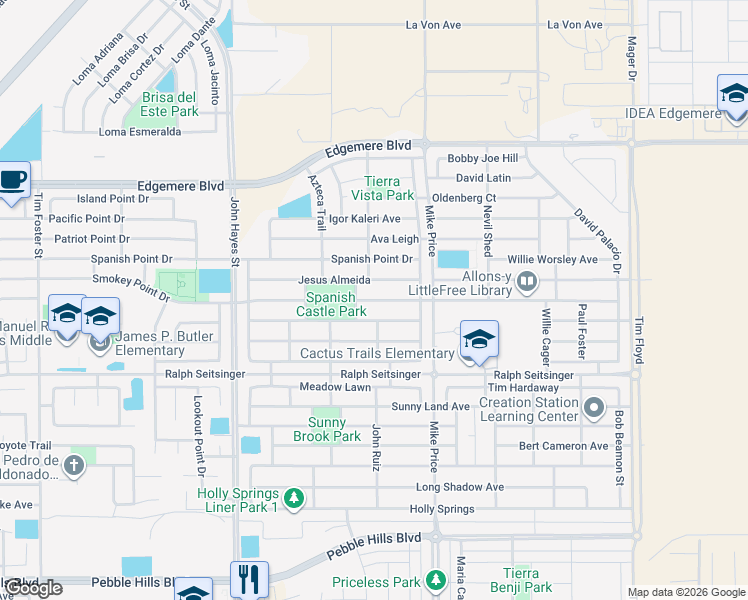 map of restaurants, bars, coffee shops, grocery stores, and more near 14649 Boer Trail in El Paso