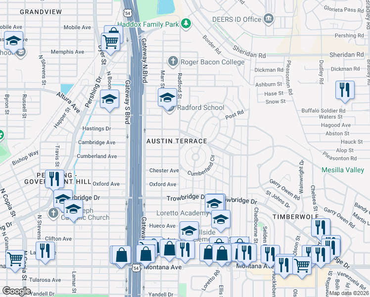 map of restaurants, bars, coffee shops, grocery stores, and more near 14 Cumberland Circle in El Paso