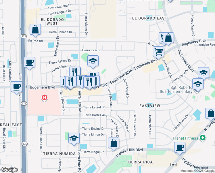 map of restaurants, bars, coffee shops, grocery stores, and more near 12497 Tierra Rey Court in El Paso