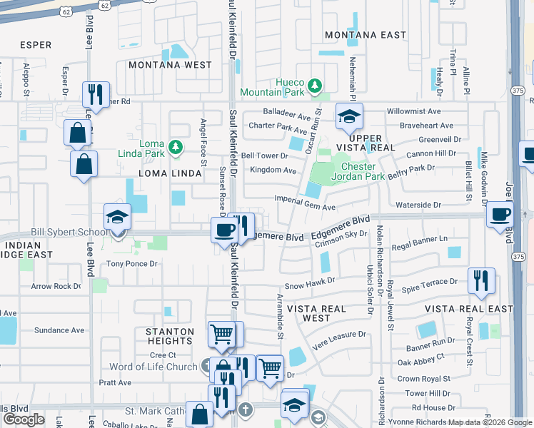 map of restaurants, bars, coffee shops, grocery stores, and more near 3412 Blue Earth Lane in El Paso