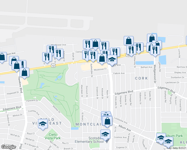 map of restaurants, bars, coffee shops, grocery stores, and more near 9501 Falkirk Avenue in El Paso