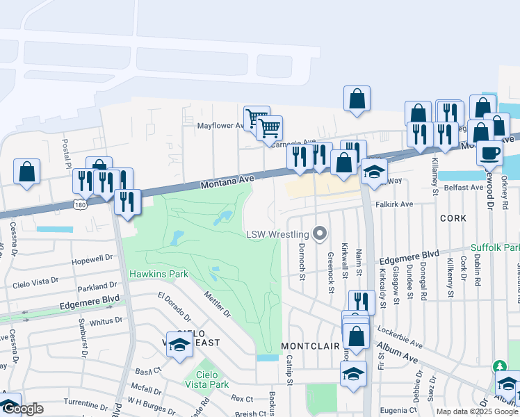 map of restaurants, bars, coffee shops, grocery stores, and more near 9300 Montana Avenue in El Paso