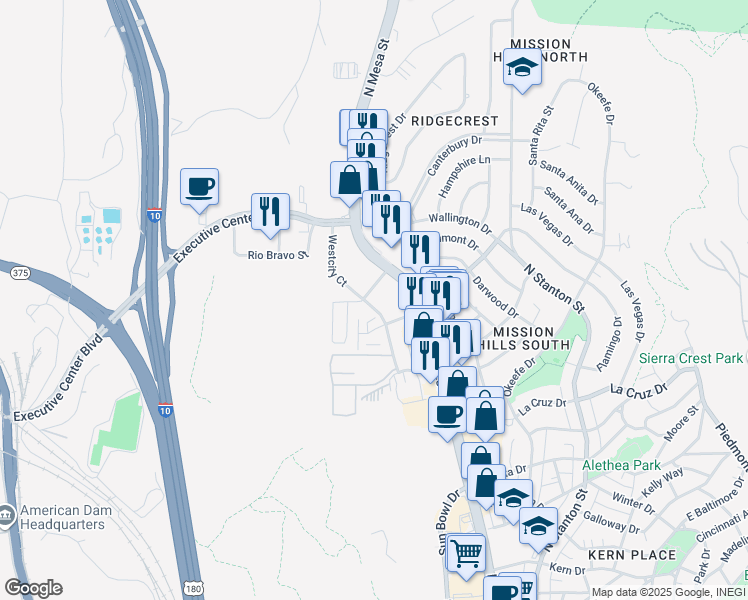 map of restaurants, bars, coffee shops, grocery stores, and more near 4151 North Mesa Street in El Paso