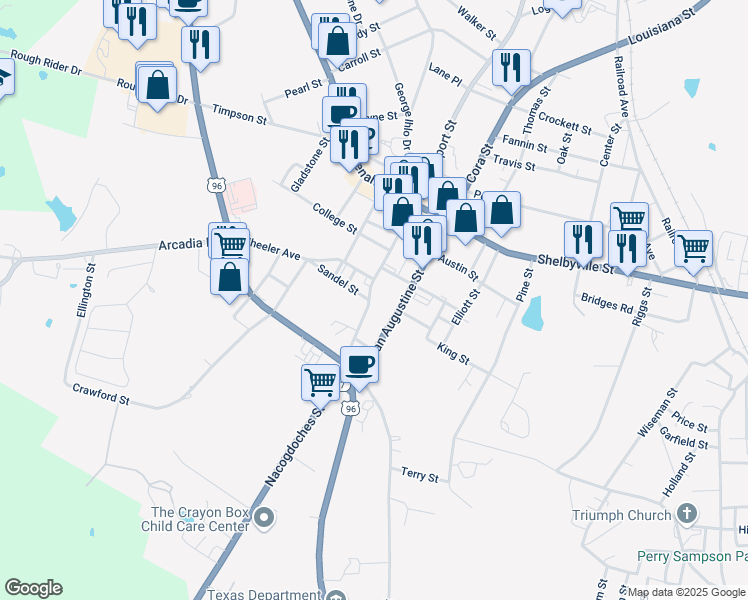 map of restaurants, bars, coffee shops, grocery stores, and more near 419 Nacogdoches Street in Center