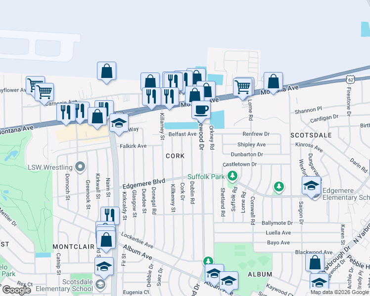 map of restaurants, bars, coffee shops, grocery stores, and more near 3320 Cork Drive in El Paso