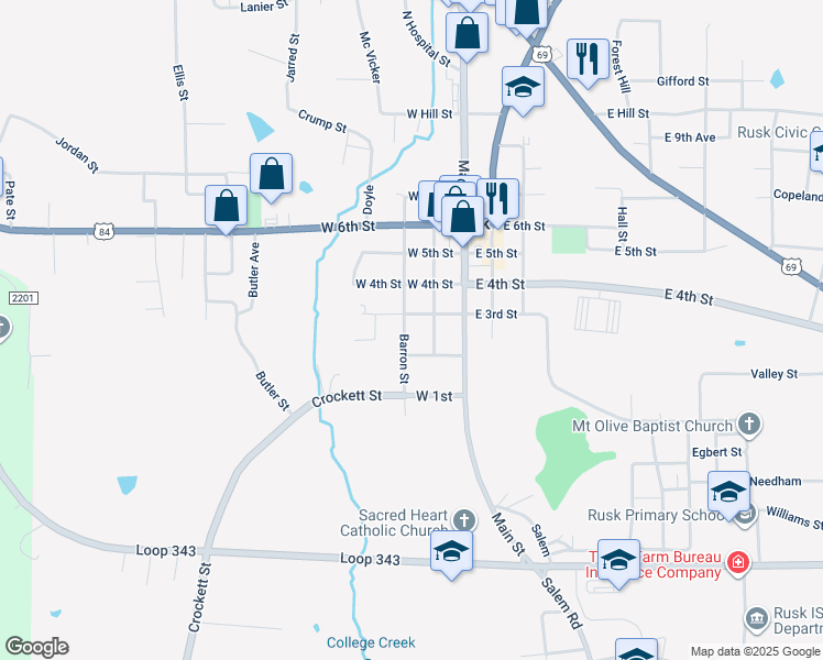 map of restaurants, bars, coffee shops, grocery stores, and more near 208 Barron Street in Rusk