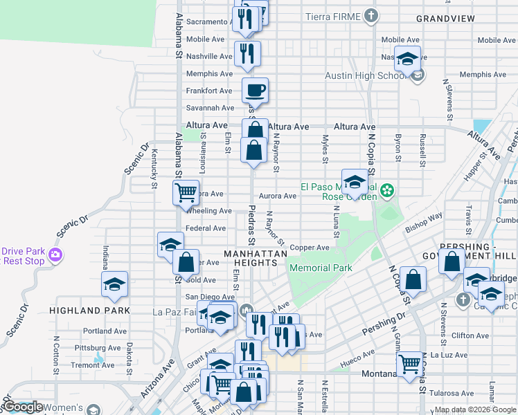 map of restaurants, bars, coffee shops, grocery stores, and more near 2905 Wheeling Avenue in El Paso