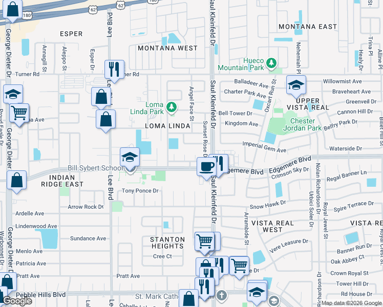 map of restaurants, bars, coffee shops, grocery stores, and more near 3413 Rosinie Rose Place in El Paso