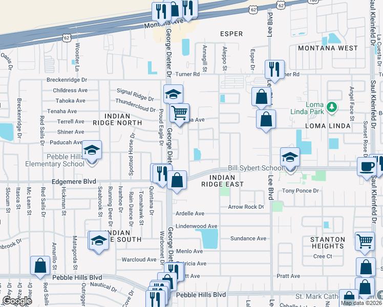 map of restaurants, bars, coffee shops, grocery stores, and more near 3444 Rising Sun Street in El Paso