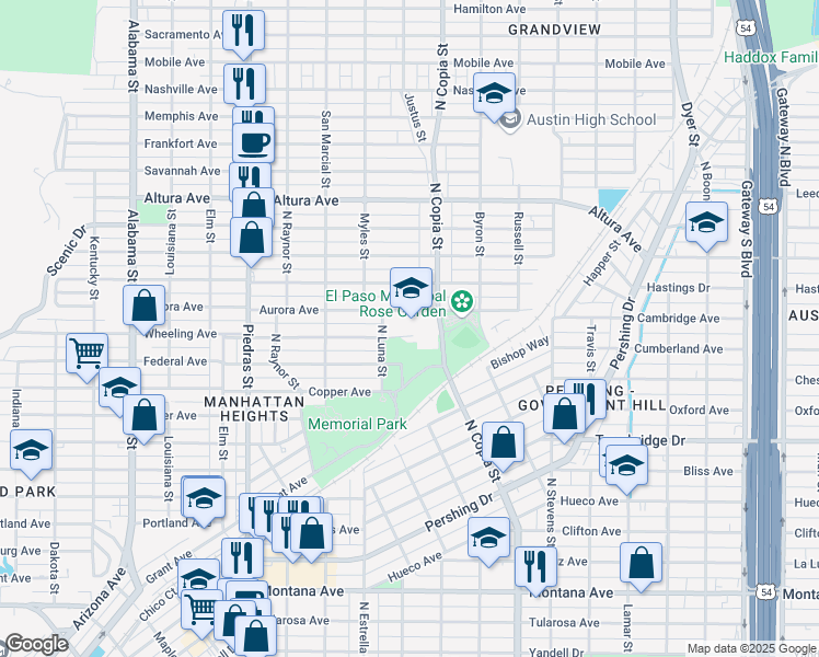 map of restaurants, bars, coffee shops, grocery stores, and more near 3200 Wheeling Avenue in El Paso
