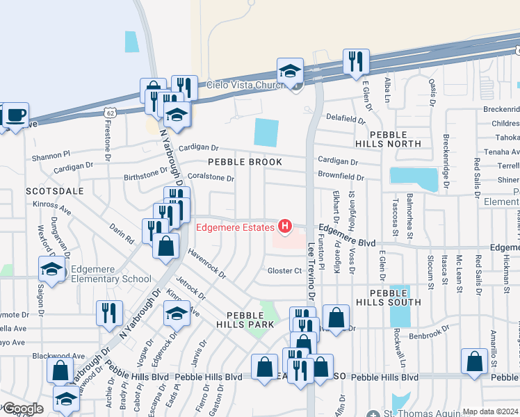 map of restaurants, bars, coffee shops, grocery stores, and more near 3409 Guthrie Street in El Paso