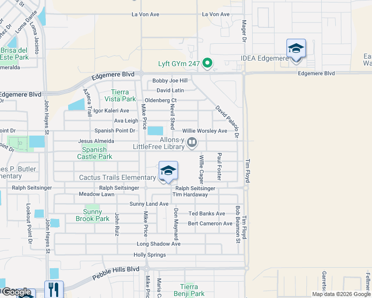 map of restaurants, bars, coffee shops, grocery stores, and more near 14841 Boer Trail in El Paso