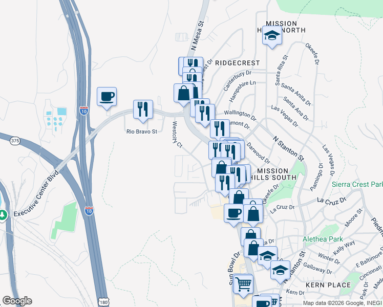 map of restaurants, bars, coffee shops, grocery stores, and more near 4151 North Mesa Street in El Paso