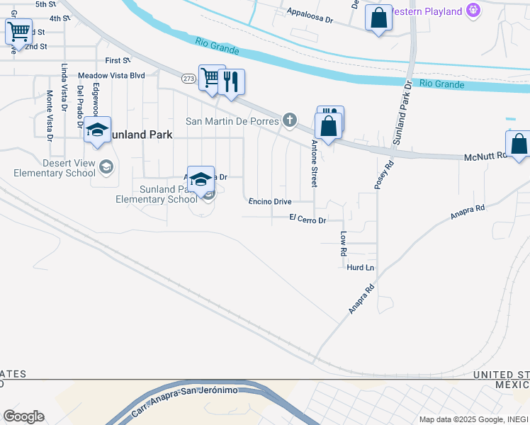 map of restaurants, bars, coffee shops, grocery stores, and more near Encino Dr in Sunland Park