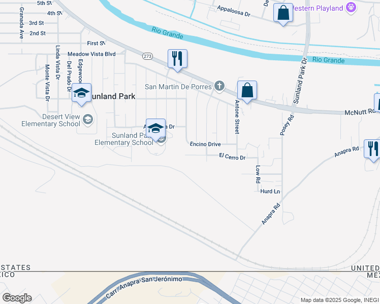 map of restaurants, bars, coffee shops, grocery stores, and more near 152 Encino Drive in Sunland Park