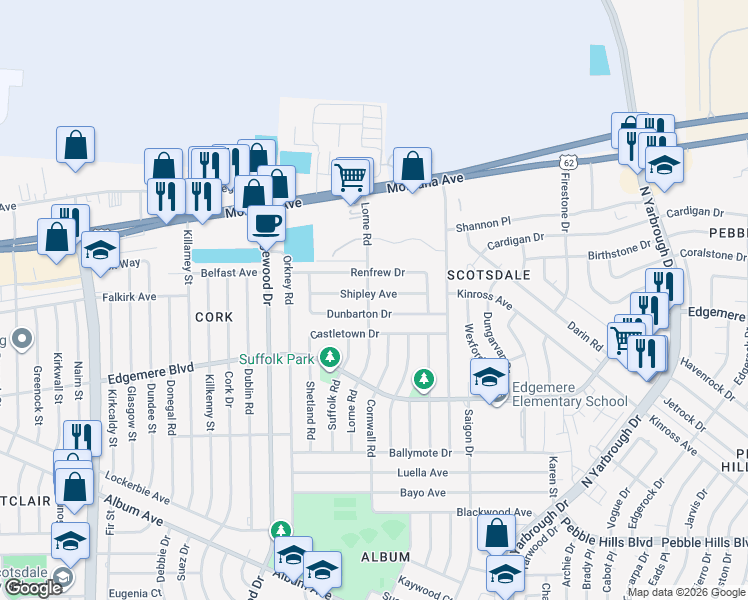 map of restaurants, bars, coffee shops, grocery stores, and more near 10200 Shipley Avenue in El Paso