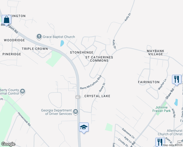 map of restaurants, bars, coffee shops, grocery stores, and more near 2130 Walberg Drive in Hinesville