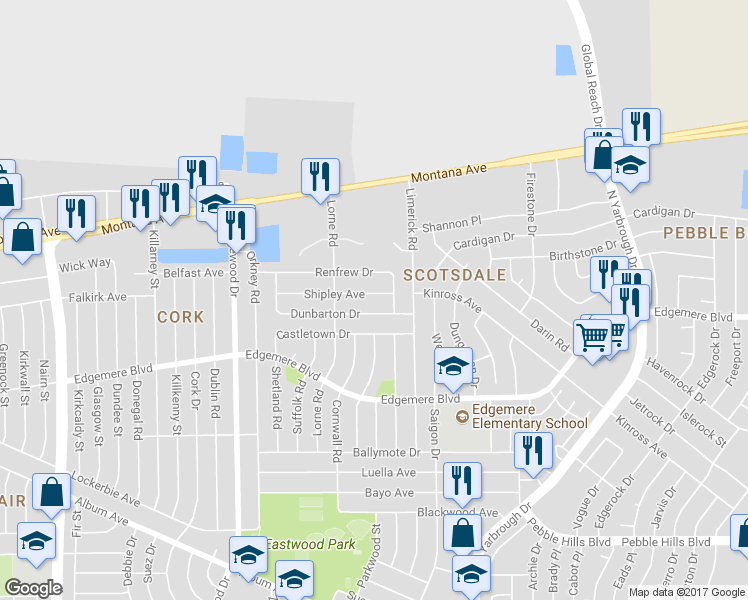 map of restaurants, bars, coffee shops, grocery stores, and more near 10226 Shipley Avenue in El Paso