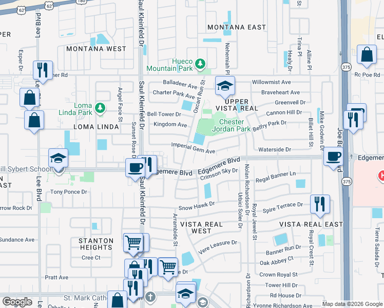 map of restaurants, bars, coffee shops, grocery stores, and more near 3437 Blazon Gold Way in El Paso