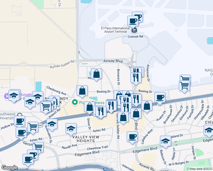 map of restaurants, bars, coffee shops, grocery stores, and more near 6501 Boeing Drive in El Paso