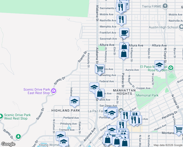 map of restaurants, bars, coffee shops, grocery stores, and more near 2509 Wheeling Avenue in El Paso