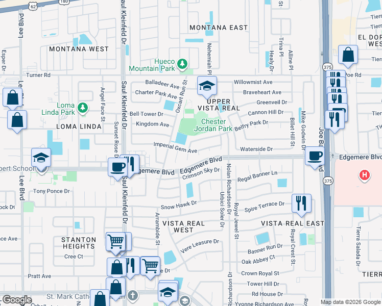map of restaurants, bars, coffee shops, grocery stores, and more near 3444 Belfry Park Drive in El Paso