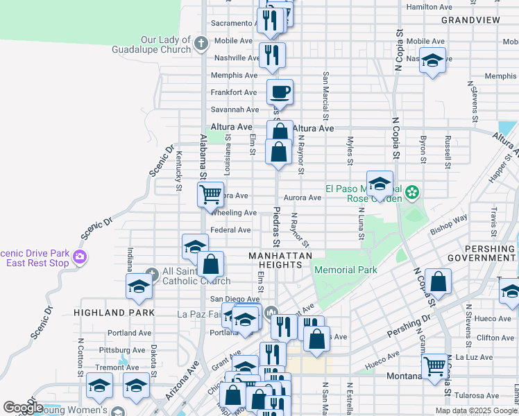 map of restaurants, bars, coffee shops, grocery stores, and more near 2809 Wheeling Avenue in El Paso