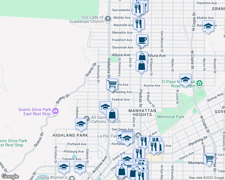 map of restaurants, bars, coffee shops, grocery stores, and more near 2609 Wheeling Ave in El Paso