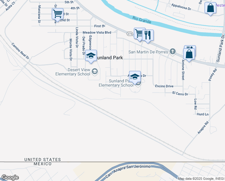 map of restaurants, bars, coffee shops, grocery stores, and more near 112 Loma Linda Court in Sunland Park