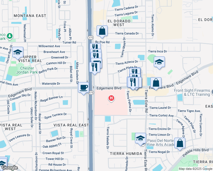 map of restaurants, bars, coffee shops, grocery stores, and more near 3401 Tierra Zafiro Drive in El Paso