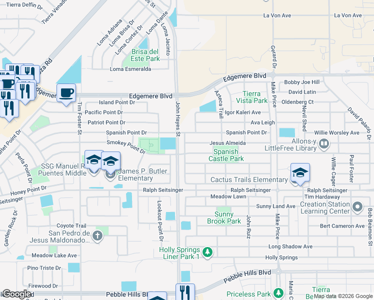 map of restaurants, bars, coffee shops, grocery stores, and more near 14501 Smokey Point Drive in El Paso