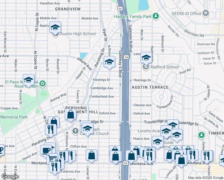 map of restaurants, bars, coffee shops, grocery stores, and more near 4108 Cambridge Avenue in El Paso
