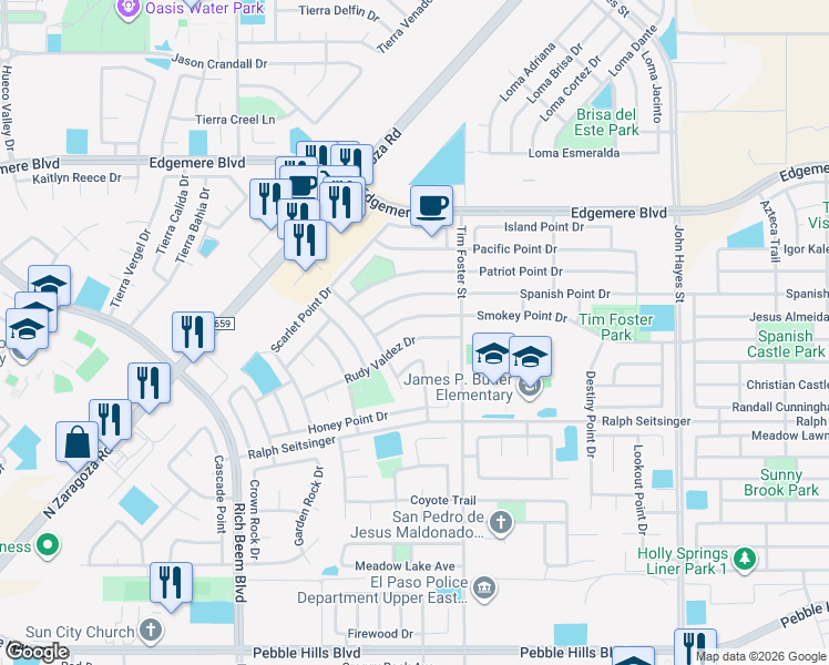 map of restaurants, bars, coffee shops, grocery stores, and more near 14209 Rudy Valdez Drive in El Paso