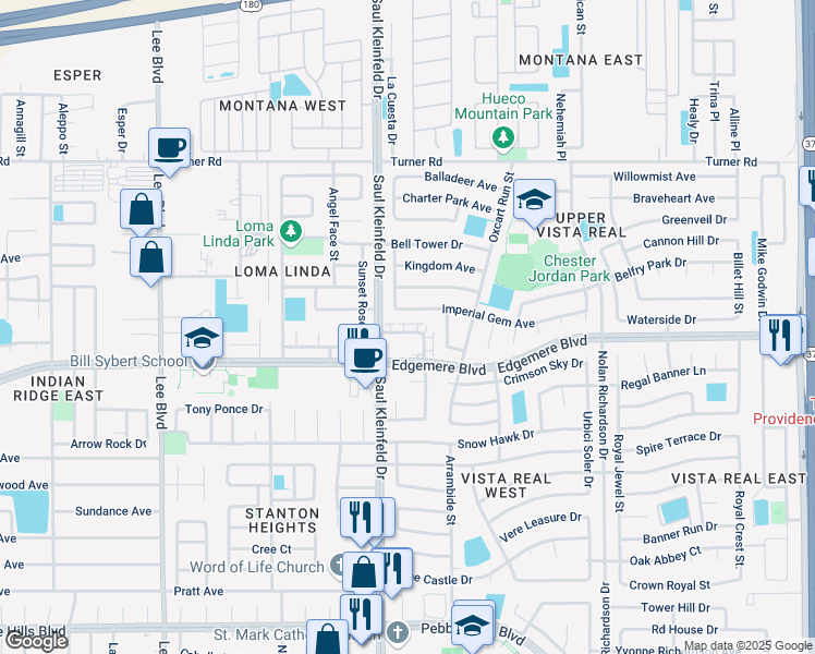 map of restaurants, bars, coffee shops, grocery stores, and more near 11713 Desert Rain Court in El Paso
