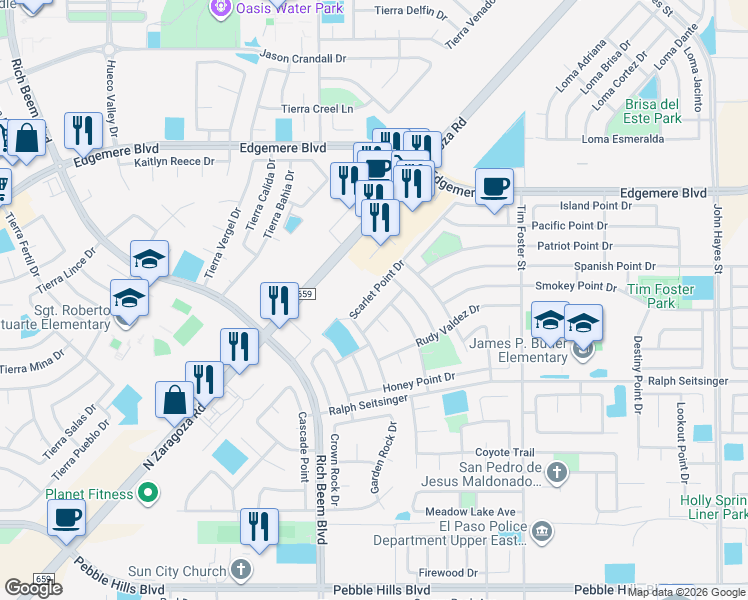 map of restaurants, bars, coffee shops, grocery stores, and more near 3328 Scarlet Point Drive in El Paso