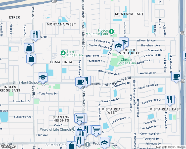 map of restaurants, bars, coffee shops, grocery stores, and more near 11713 Desert Rain Court in El Paso