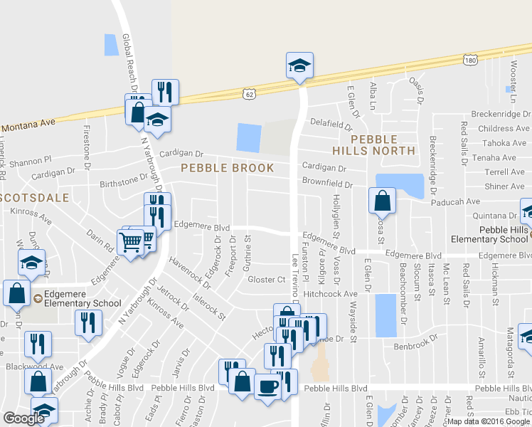 map of restaurants, bars, coffee shops, grocery stores, and more near 10865 Edgemere Boulevard in El Paso