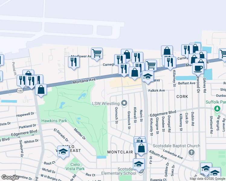 map of restaurants, bars, coffee shops, grocery stores, and more near 9412 Montrose Court in El Paso
