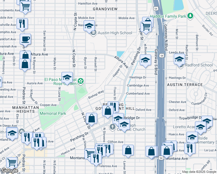 map of restaurants, bars, coffee shops, grocery stores, and more near 3710 Cambridge Avenue in El Paso