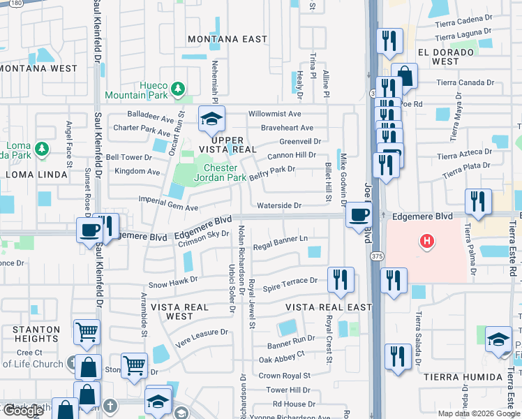 map of restaurants, bars, coffee shops, grocery stores, and more near 11956 Waterside Drive in El Paso
