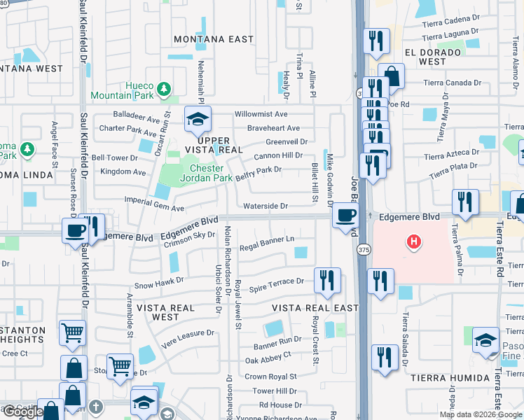 map of restaurants, bars, coffee shops, grocery stores, and more near 11980 Waterside Drive in El Paso