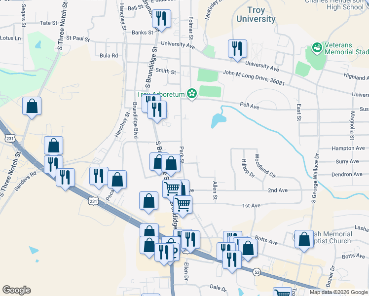 map of restaurants, bars, coffee shops, grocery stores, and more near 1104 Park Street in Troy