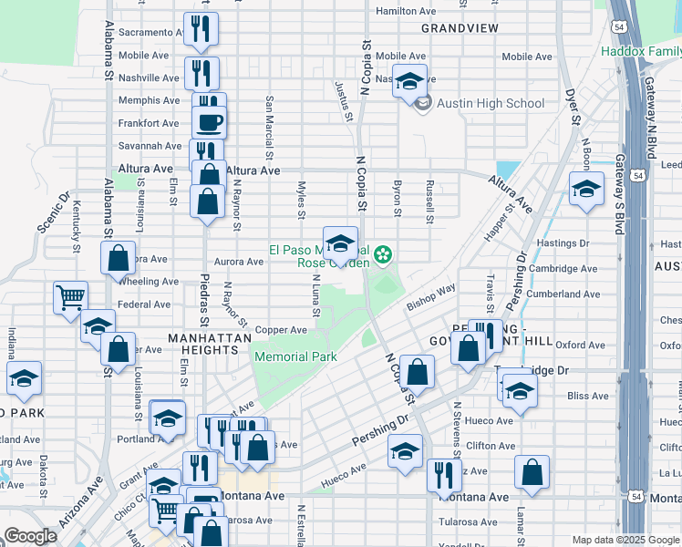 map of restaurants, bars, coffee shops, grocery stores, and more near 3200 Wheeling Avenue in El Paso