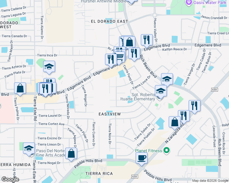 map of restaurants, bars, coffee shops, grocery stores, and more near 12705 Tierra Lily Court in El Paso