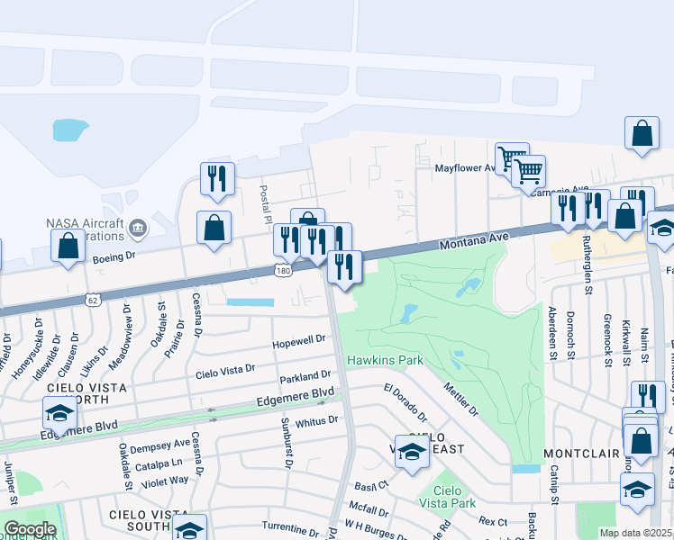 map of restaurants, bars, coffee shops, grocery stores, and more near 8800 Montana Avenue in El Paso